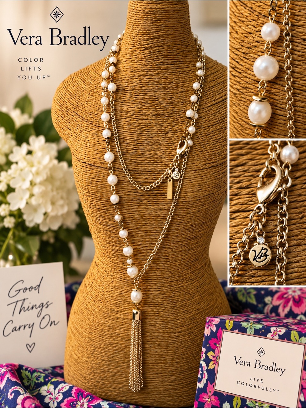 Vera Bradley Gold Chain Necklace with White Pearls and Tassel